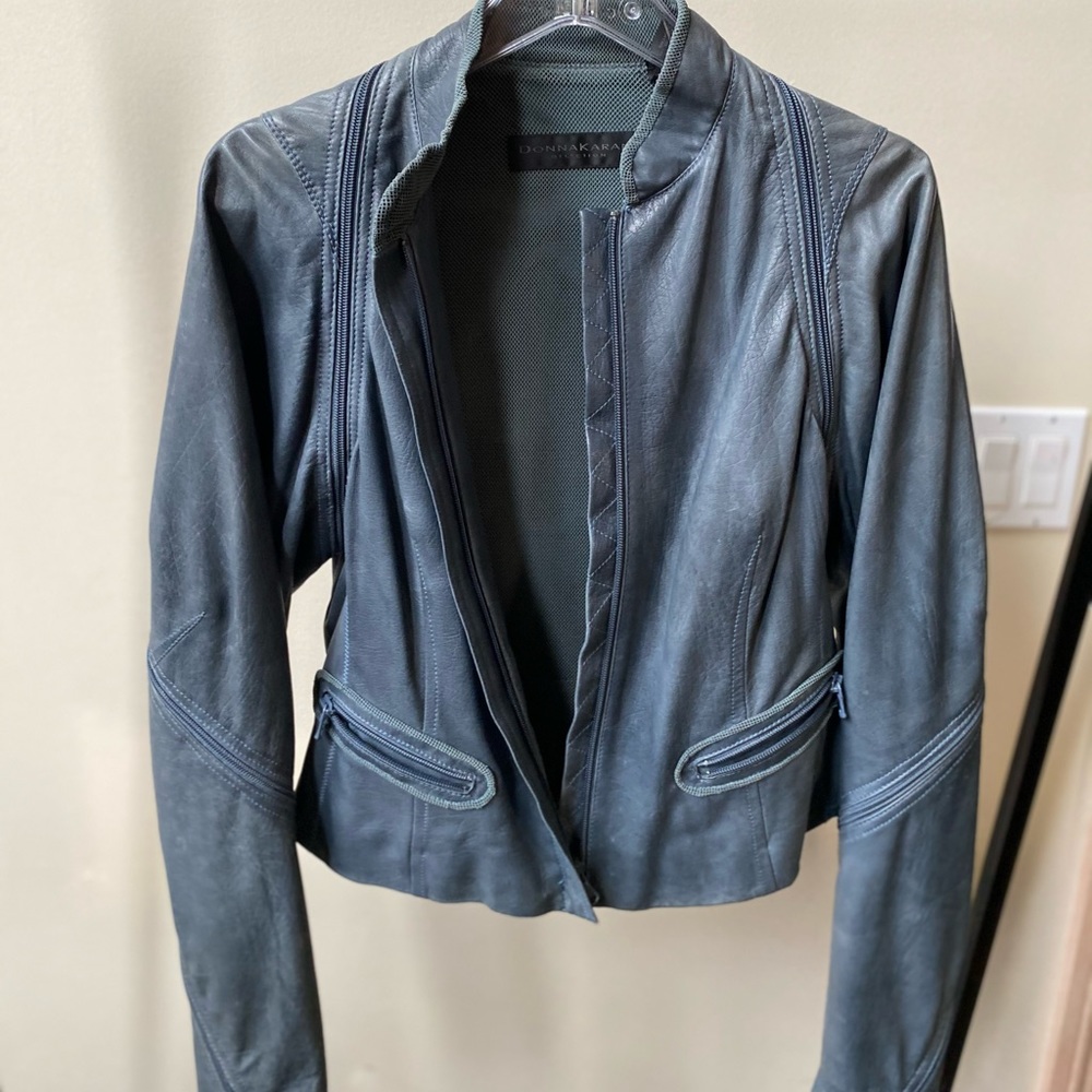 Donna Karan Collection Blue Faux Leather Jacket